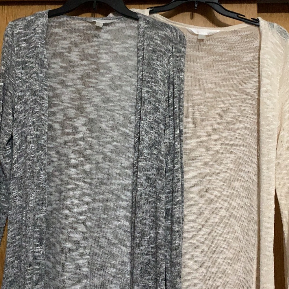Two very long cardigans , ivory/cream & gray